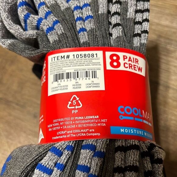 PUMA 8 Pair Coolmax Crew Length Moisture Wicking Men's Cushioned Socks NWT New - Picture 10 of 13